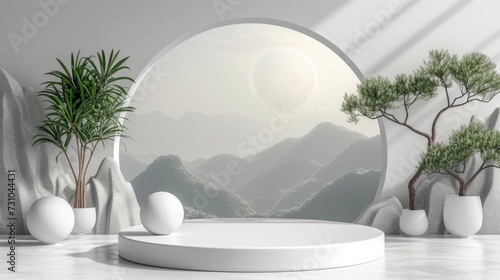 Round podium for product display with landscape ambient occlusion background, smooth 3d, 3d effect, nature background, white and gray colors.