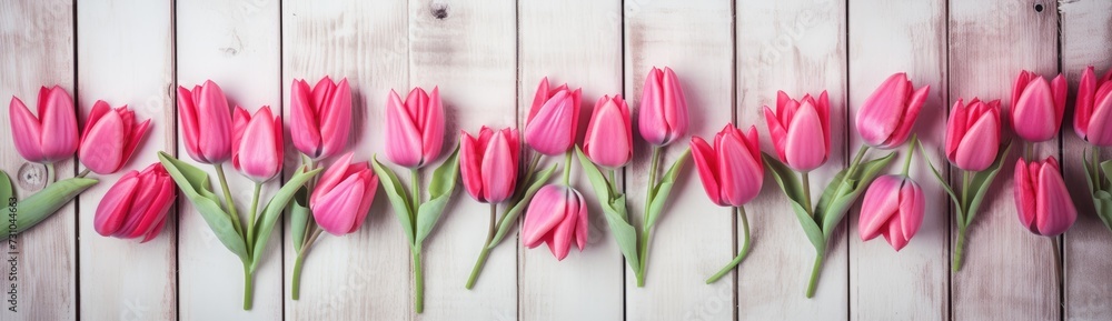 A collection of pink tulips arranged neatly in a row against a plain white wall.