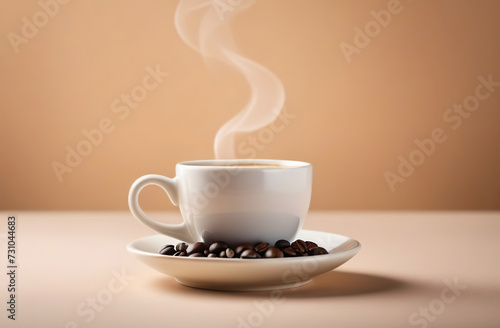 Cup of coffee and saucer. White classic ceramic mug filling a hot black coffee isolated on a beige studio background. Steaming flowing smoke. Coffee beans on a table. Copy space, front view, banner.