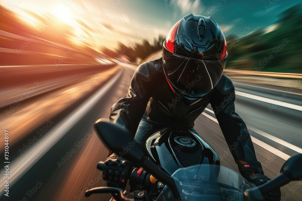 A motorcyclist speeds down the highway wearing a sleek crash helmet. A motorcyclist speeds down the highway wearing a sleek crash helmet.