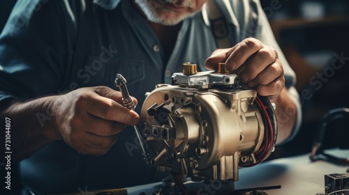 An engineer adjusting the carburetor for optimal fuel-air mixture photo