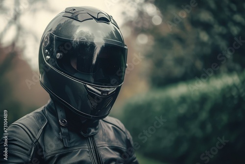 A motorcyclist speeds down the highway wearing a sleek crash helmet. © Suwanlee