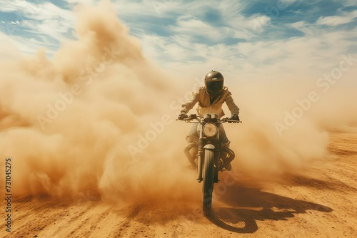 In the desert, the dust is flying as the sickly handsome madman drives his motorcycle. photo