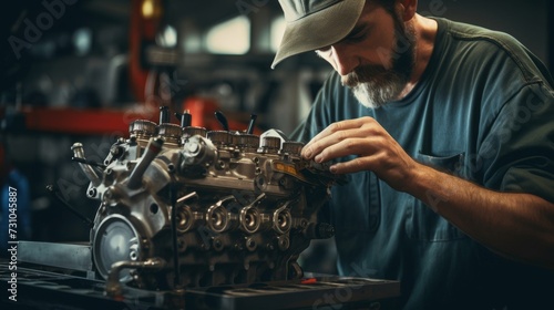 A skilled technician reassembling an engine after repairs photo