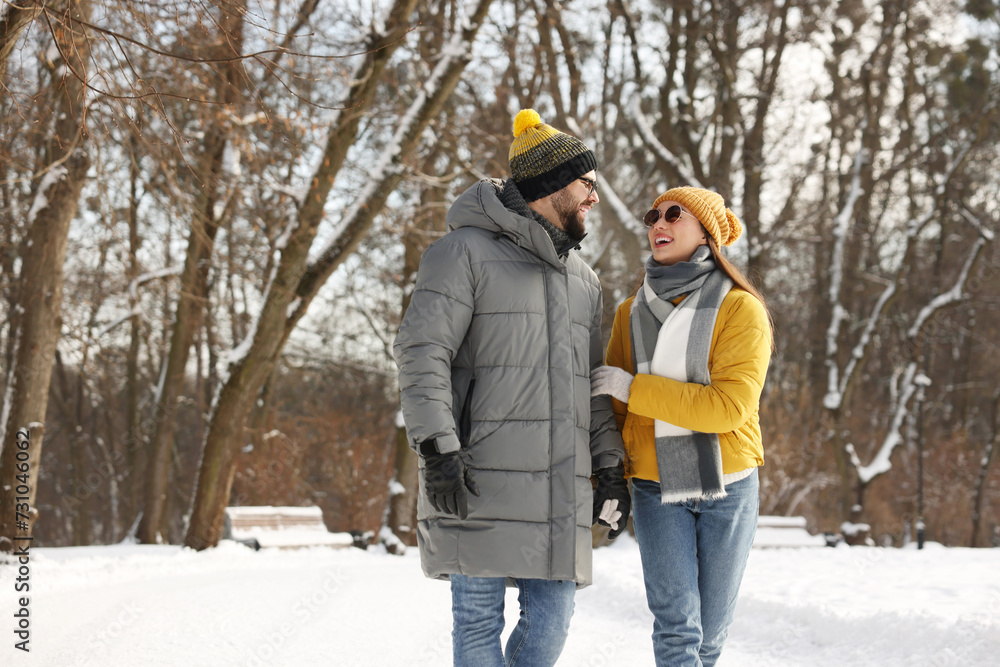 Beautiful happy couple walking in snowy park on winter day Beautiful happy couple walking in snowy park on winter day