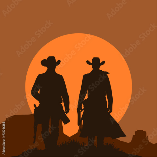 Vektor Silhouette Körper zwei Cowboys - Western Landschaft Arizona bei Sonnenuntergang - Kultur Amerika