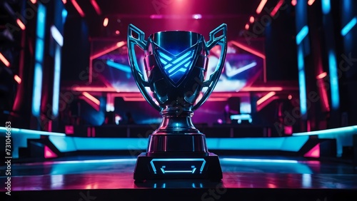 eSports Winner Trophy Standing on a Stage in the Middle of the Computer Video Games Championship Arena, neon colors, generative ai