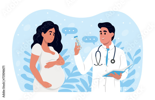 World down syndrome day banner. A laboratory assistant works in the laboratory, detecting Down syndrome. A pregnant woman is talking to an obstetrician gynecologist.