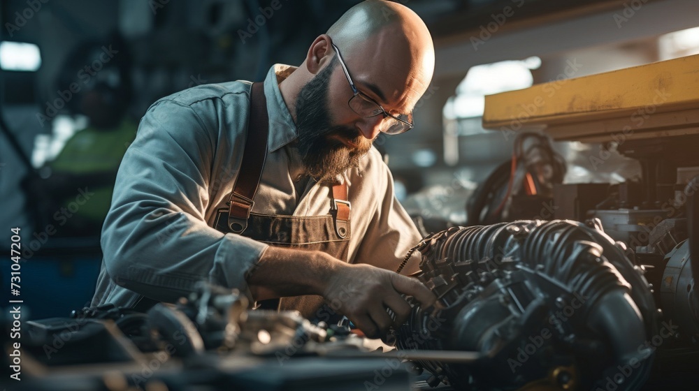 An engineer inspecting an engines belts and pulleys for wear and tear