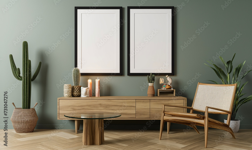 Mockup of two empty frames, modern design, mockup for advertising paintings, living room Mockup of two empty frames, modern design, mockup for advertising paintings, living room