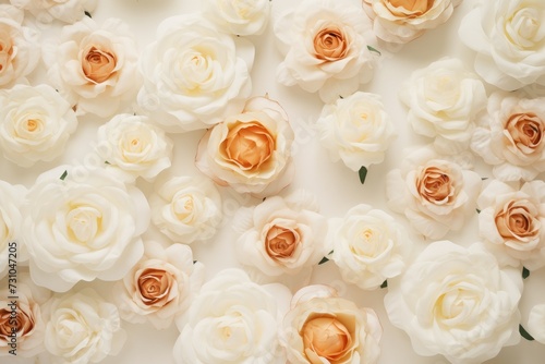A bunch of white and orange flowers arranged neatly on a white surface.