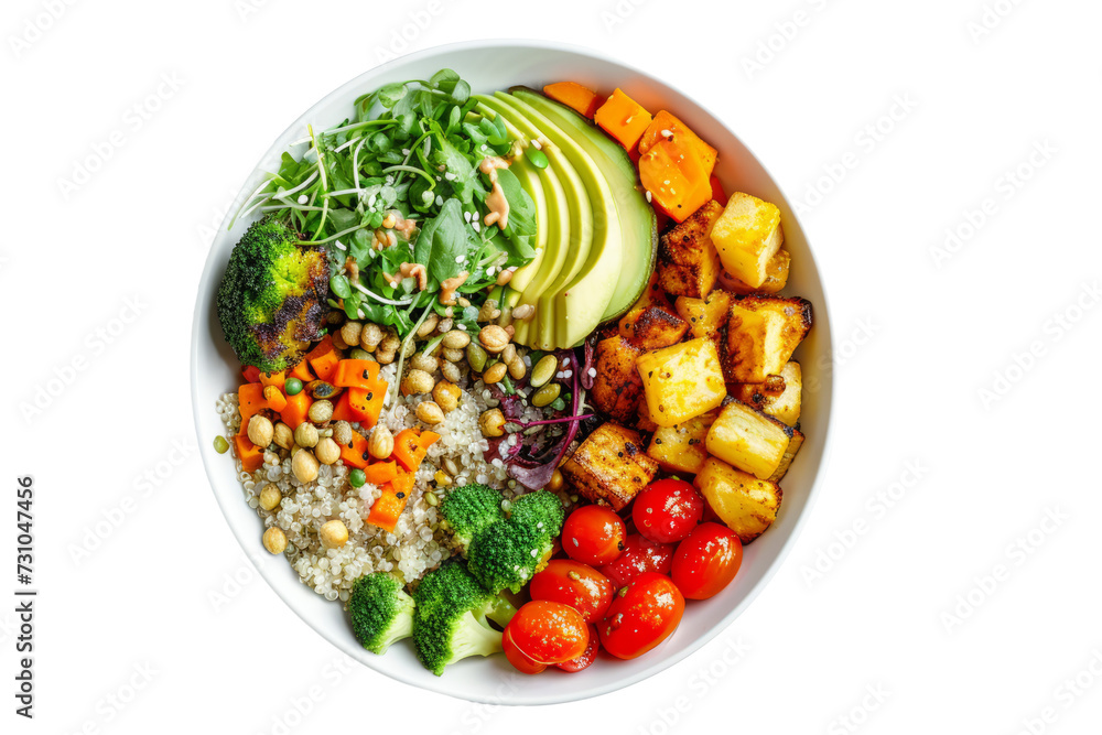 on top of a Buddha bowl, showcasing a nutritious assortment of quinoa, roasted vegetables, avocado and a dash of tahini for a healthy vegetarian food concept. on top of a Buddha bowl, showcasing a nutritious assortment of quinoa, roasted vegetables, avocado and a dash of tahini for a healthy vegetarian food concept.