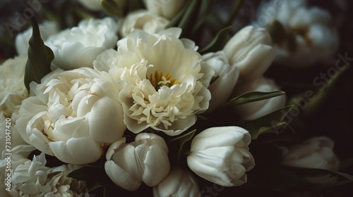 Photo showcases a bouquet composed of white peonies and tulips, set against a dark-toned background.