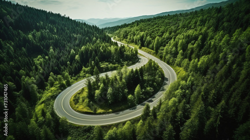 Winding curvy road through forest. Aerial drone.