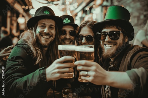 Friendly Gathering Toasting Beers on St. Patrick's Day in Pub