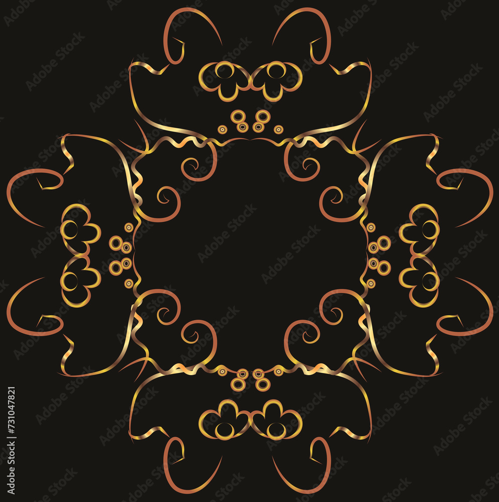 Fantasy ornament with curls. Illustration with place for inscription. Gold gradient on a black background for printing on fabric, applique and cards. Fantasy ornament with curls. Illustration with place for inscription. Gold gradient on a black background for printing on fabric, applique and cards.