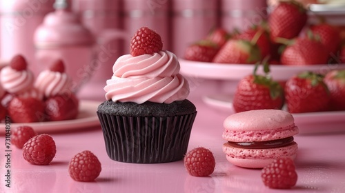 a close up of a cupcake and a muffin on a table with raspberries in the background. photo