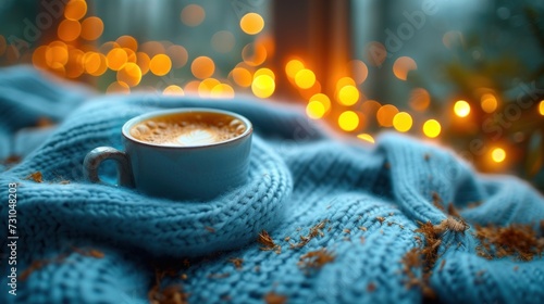 a cup of cappuccino on a blanket in front of a christmas tree with lights in the background.