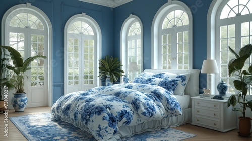 a bedroom with blue walls and windows and a bed with a blue and white comforter on top of it. photo