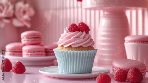 a white plate topped with a cupcake covered in frosting and raspberries next to pink macaroons.