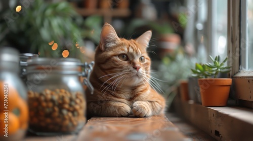 an orange tabby cat sitting on a window sill next to a potted plant and a glass jar.