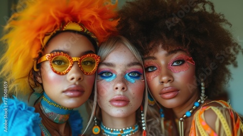 a group of three women with bright colored makeup and eye make - up on their faces, with bright hair and sunglasses on their heads.