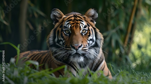 Majestic tiger lounging in lush greenery  vivid wildlife portrait in natural habitat  captivating animal gaze. AI