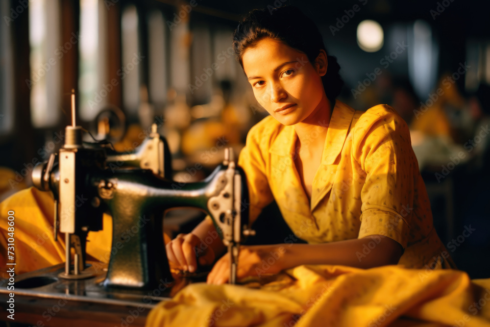 A woman is sitting at a sewing machine, focused on her work as she stitches fabric with precision.