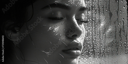 a black and white photo of a woman's face in front of a window with rain drops on it. photo