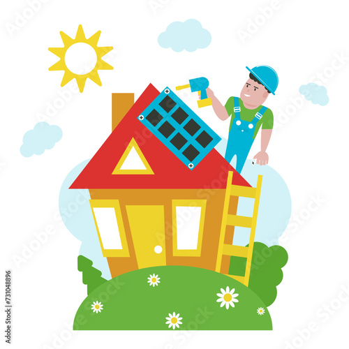 People are installing solar panels on their houses, already installed panels can be seen on the roofs. On a white background. Vector illustration