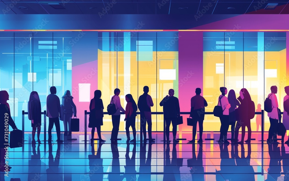 An abstract flat illustration depicts businesspeople waiting in an employment line under illuminated lights, symbolizing the job market and employment opportunities. An abstract flat illustration depicts businesspeople waiting in an employment line under illuminated lights, symbolizing the job market and employment opportunities.