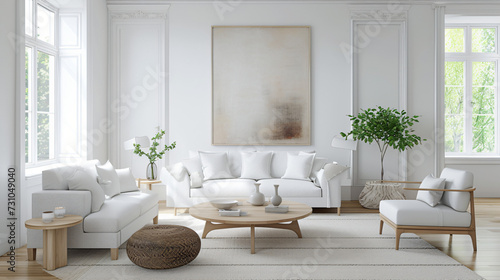 White and wood living room with sofa and armchair.