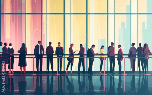 An abstract flat illustration depicts businesspeople waiting in an employment line under illuminated lights, symbolizing the job market and employment opportunities.