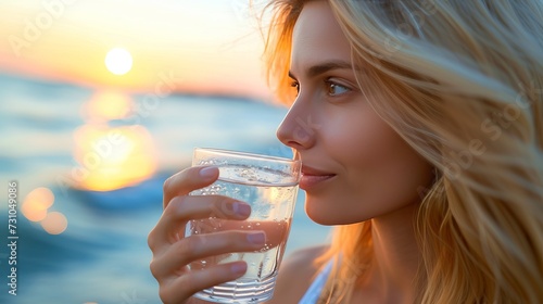Young beautiful girl enjoying a refreshing glass of water on a sunny summer beach