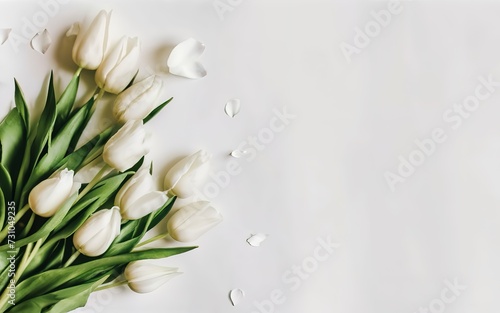 Aesthetic background frame with tender white tulips. Copy space. Invitation or greeting concept