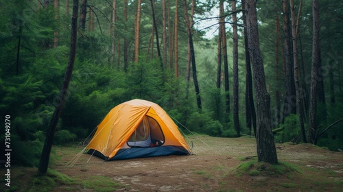 A camping tent set amidst a forest camping site  depicting a serene and peaceful scene with no people around.