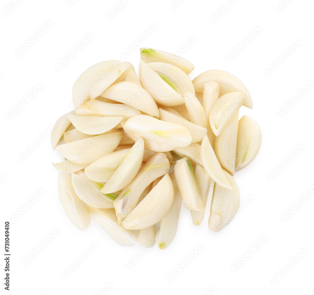 Peeled cloves of fresh garlic isolated on white, top view Peeled cloves of fresh garlic isolated on white, top view