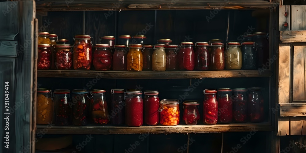 Rustic home canning pantry with variety of preserved food. vintage style, domestic life. shelf with jars of jams and pickles. AI Rustic home canning pantry with variety of preserved food. vintage style, domestic life. shelf with jars of jams and pickles. AI