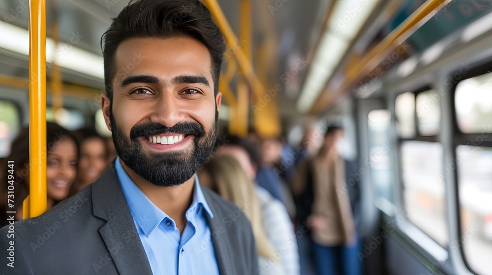 Happy indian businessman commuting by bus to reduce air pollution, sustainable public transportation Happy indian businessman commuting by bus to reduce air pollution, sustainable public transportation