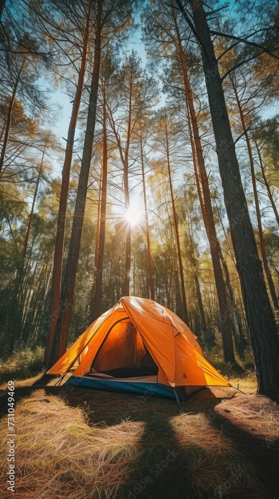A camping tent set amidst a forest camping site, depicting a serene and peaceful scene with no people around.