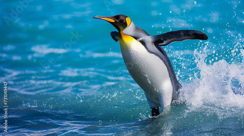 A wild bird in the water. Big king penguin jumps.