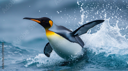 A wild bird in the water. Big king penguin jumps.