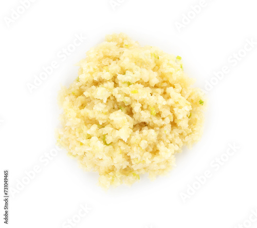 Pile of chopped garlic isolated on white, top view