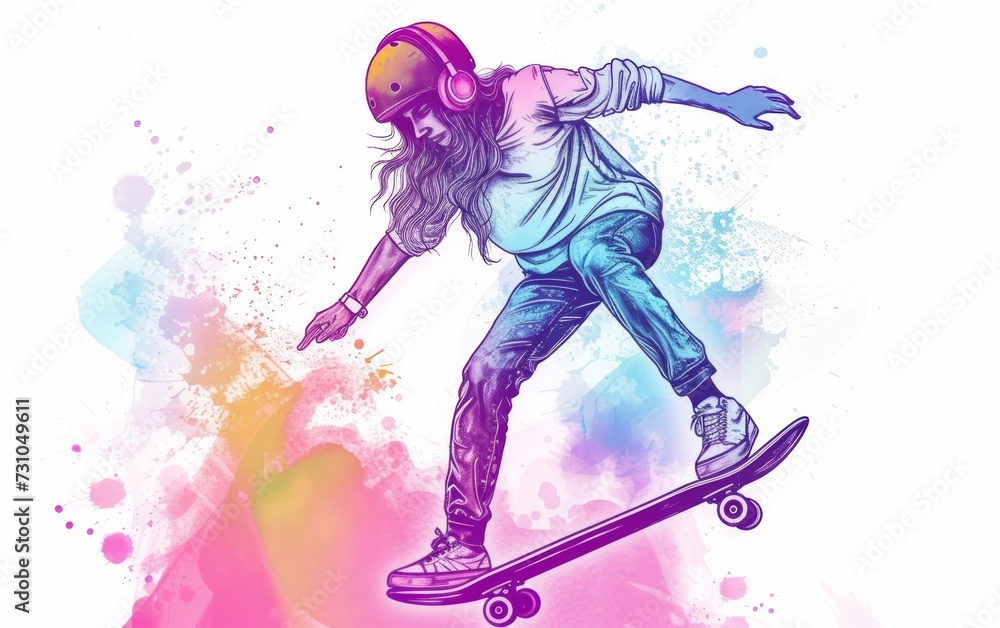 An illustration rendered in watercolor style portrays a carefree woman skateboarding while listening to music with headphones, capturing a sense of freedom and enjoyment.
