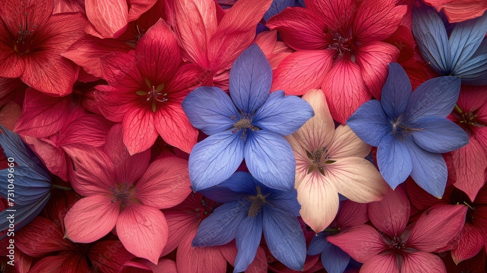 a bunch of red, white, and blue flowers with one blue flower in the middle of the petals and one pink flower in the middle of the petals.