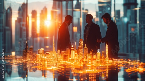 Three men in suits are having a discussion at a reflective table displaying a holographic projection of a cityscape at dusk  symbolizing urban development  business or strategy.