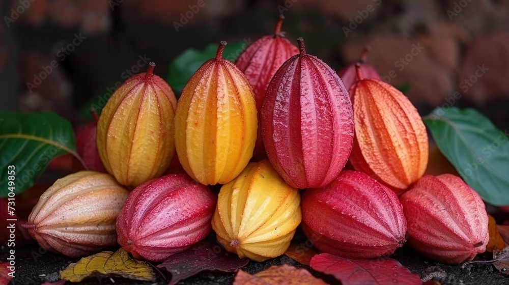 a pile of fruit sitting on top of a pile of leaves next to a pile of oranges and yellows. a pile of fruit sitting on top of a pile of leaves next to a pile of oranges and yellows.