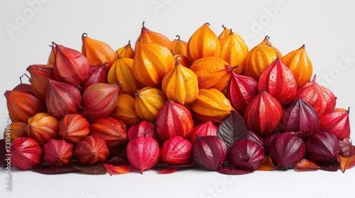 a pile of red and yellow flowers sitting next to each other on a white surface in front of a white background. photo