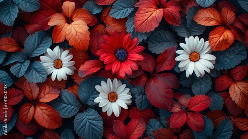 a group of red, white and blue flowers with leaves on the bottom and bottom of the petals on the bottom of the petals. photo