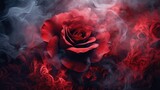 A red rose emits smoke, creating a visually striking scene.